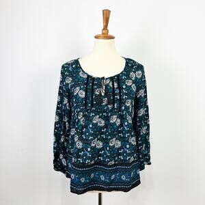 Old Navy shirt black and green floral peasant blouse long sleeve size small